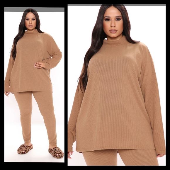 Fashion Nova Pants - 2/$30 Fashion Nova Curve Ribbed Mocha Long Sleeve Loungewear 2 Pc Set Plus Sz 2X